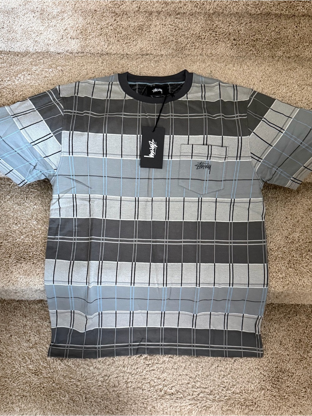 Stussy Gray & Blue Plaid Cut and Sew Short Sleeve Pocket Tee (NEW)